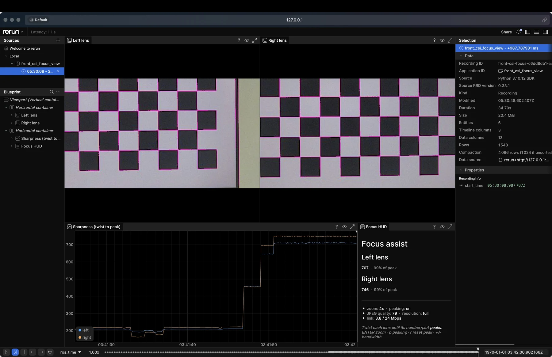 The focusing tool: the left and right cameras’ views of a checkerboard above a live sharpness graph