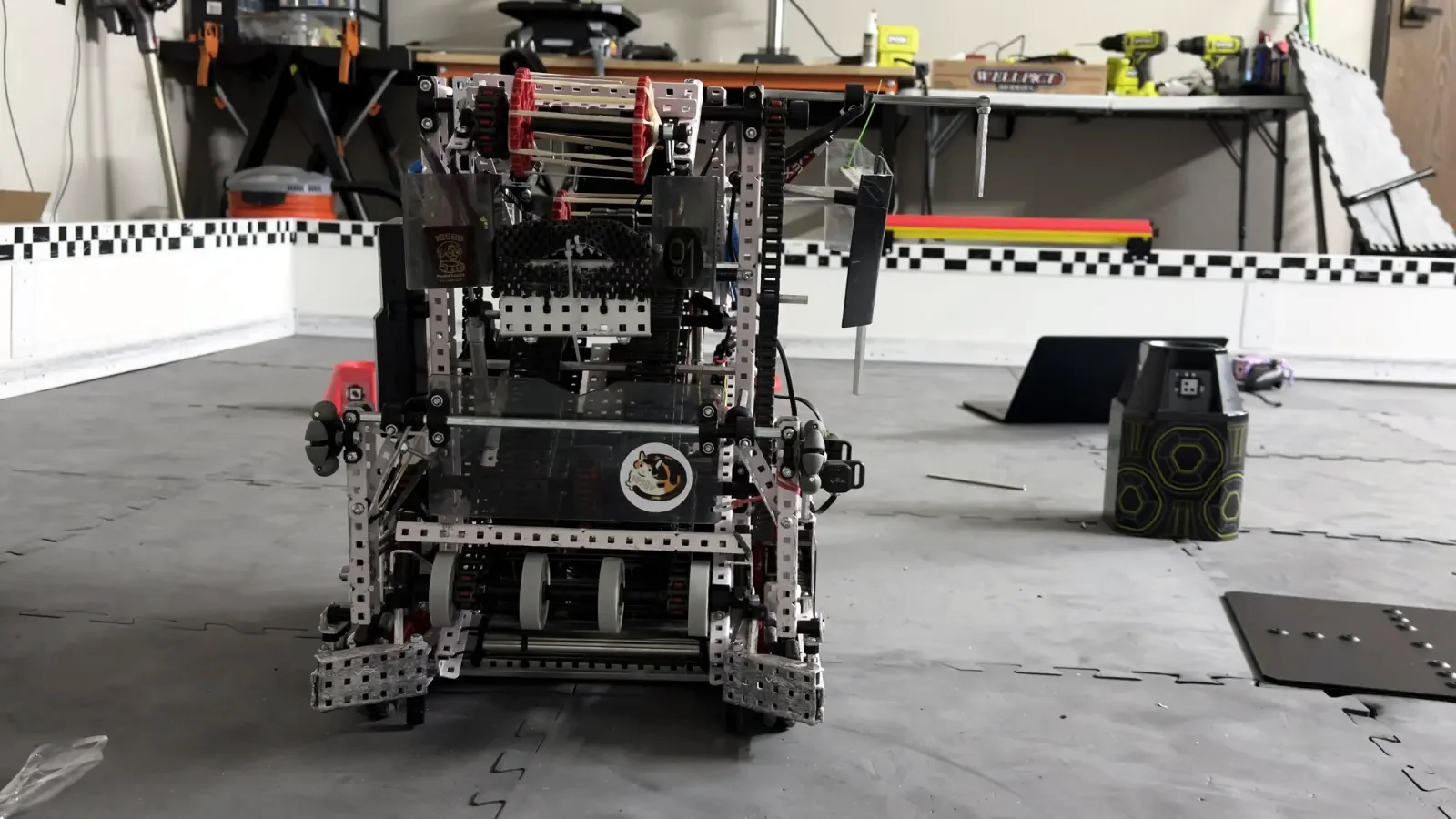 The same robot seen from the front on the practice field