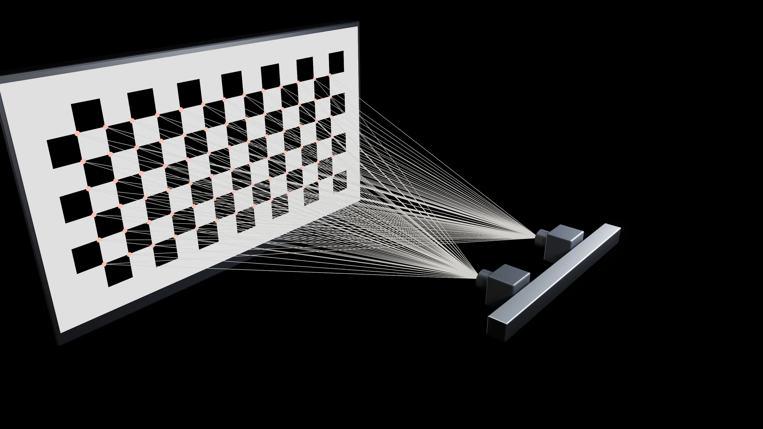 Two cameras on an aluminum bar, with fine lines running from each lens to the 78 inner corners of a checkerboard on a monitor