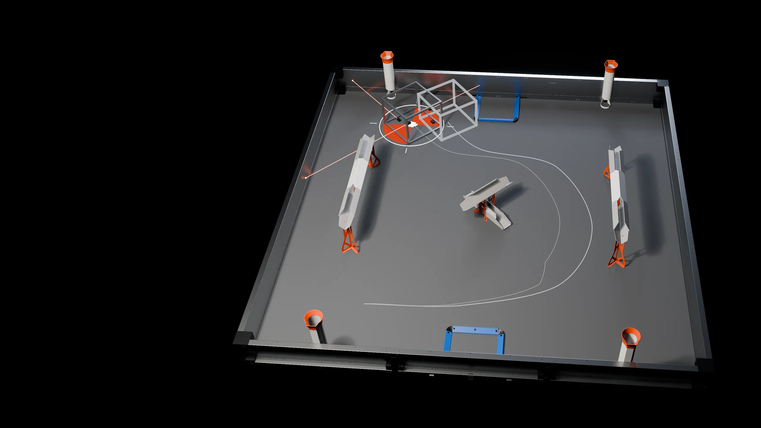 The Push Back field from above at an angle: the robot with a red-and-white target under it, red sensor lines to the walls, and a gray ghost frame about fifteen inches away at the end of a diverging gray path