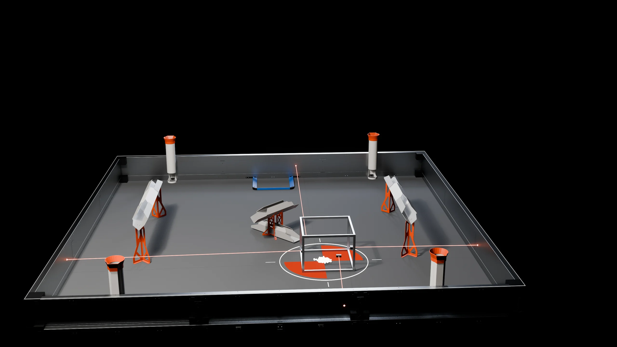 A VEX competition field seen at an angle: the robot, four red sensor lines running to the walls, and a red-and-white target drawn on the floor where the robot has worked out it is.