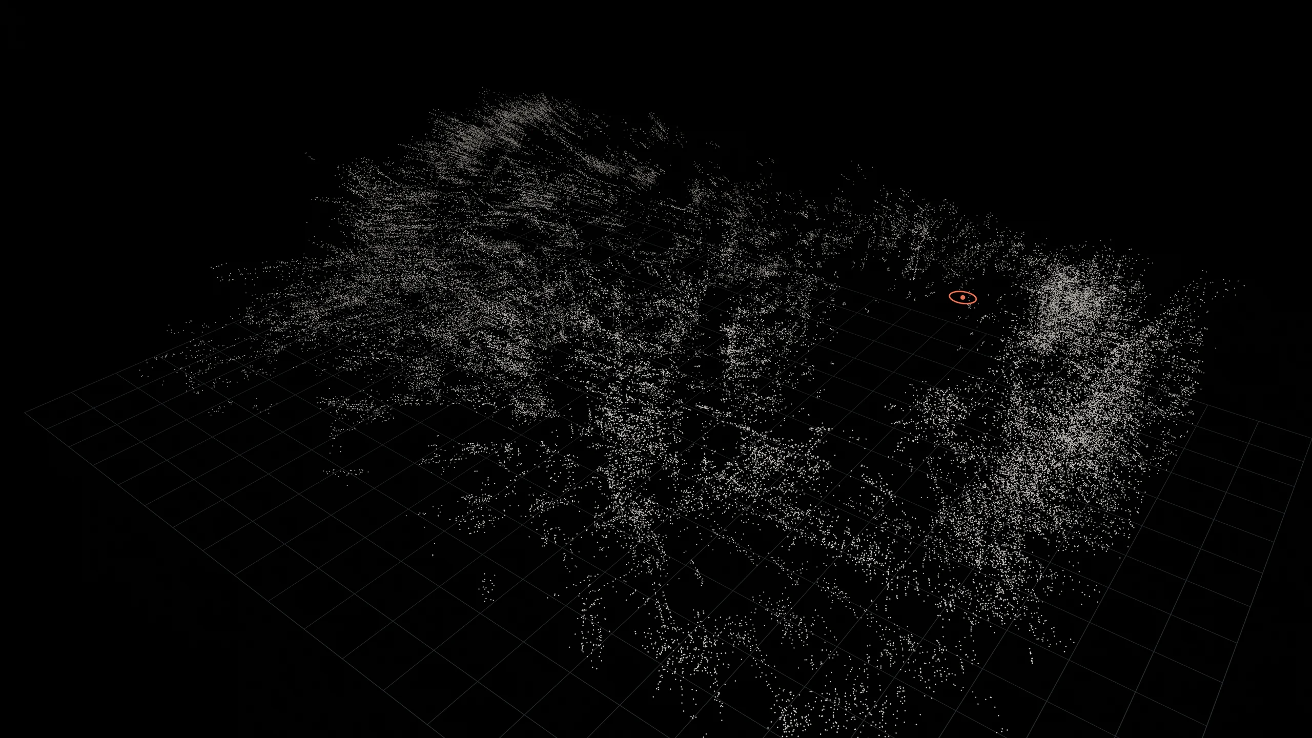 A dark three-dimensional cloud of about sixty thousand points of light over a faint one-metre grid, with a small red ring marking where mapping began